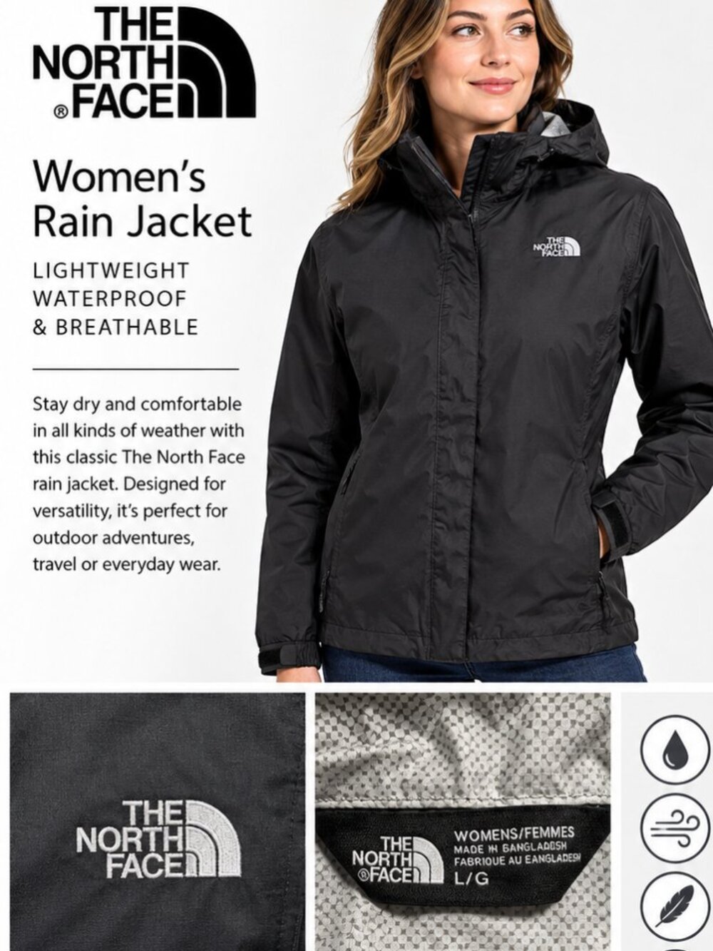 The North Face Women's Black Hooded Waterproof Rain Jacket – Size L/G